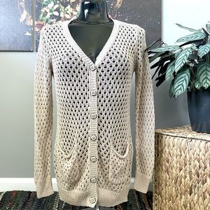 F21 Tan Crochet Button Up Sweater Cardigan